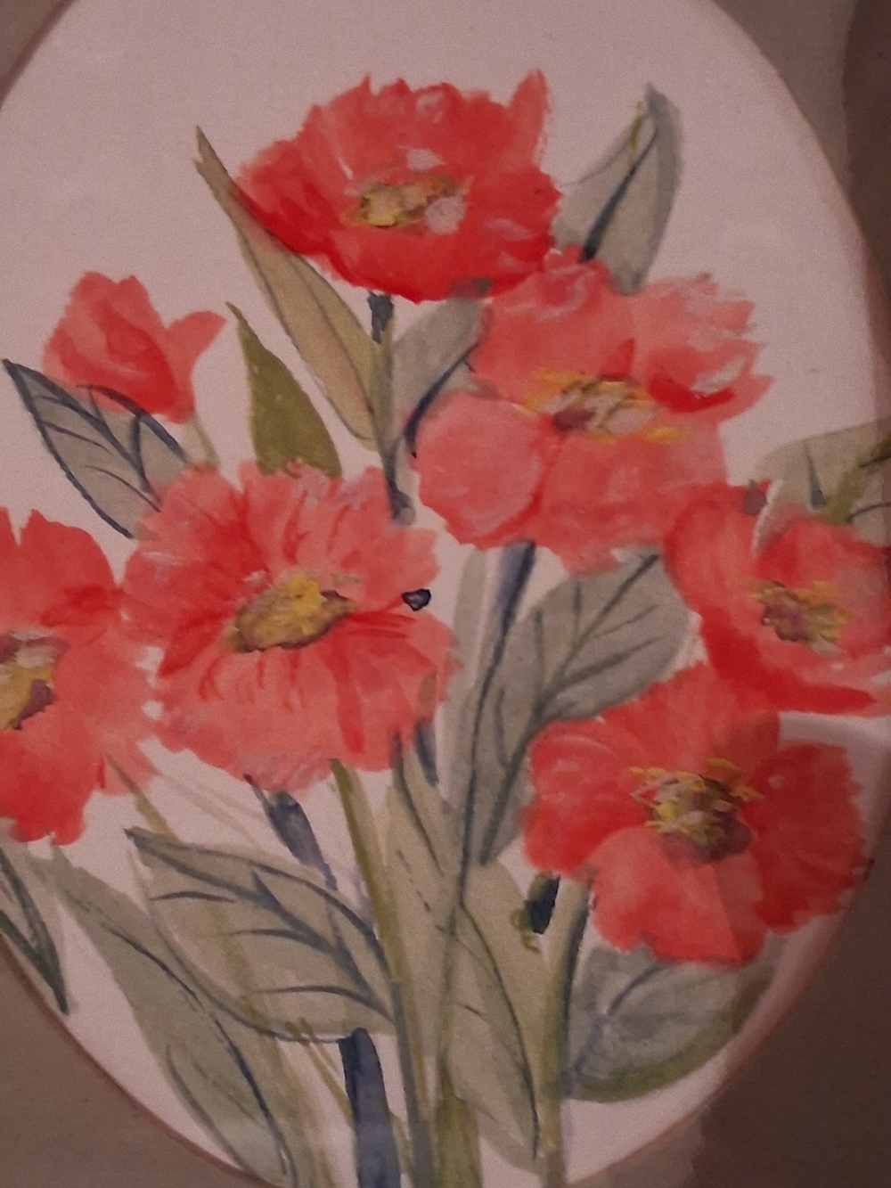 "Vintage Floral Art Print Red Orange Poppies Framed Oval Miniature Cottagecore"